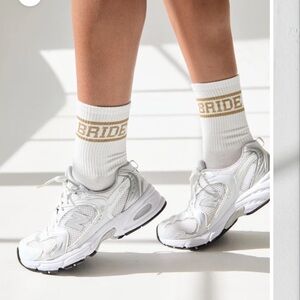 Bride White Crew Socks with Gold Accent